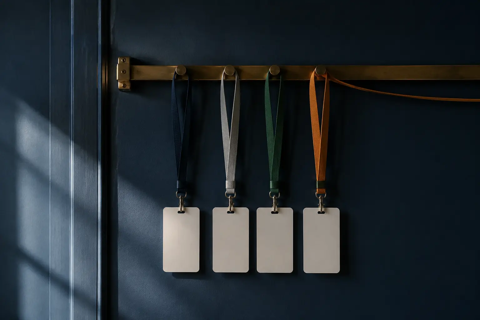 Four real blank conference lanyards on a brass rail with one amber cord continuing beyond the row