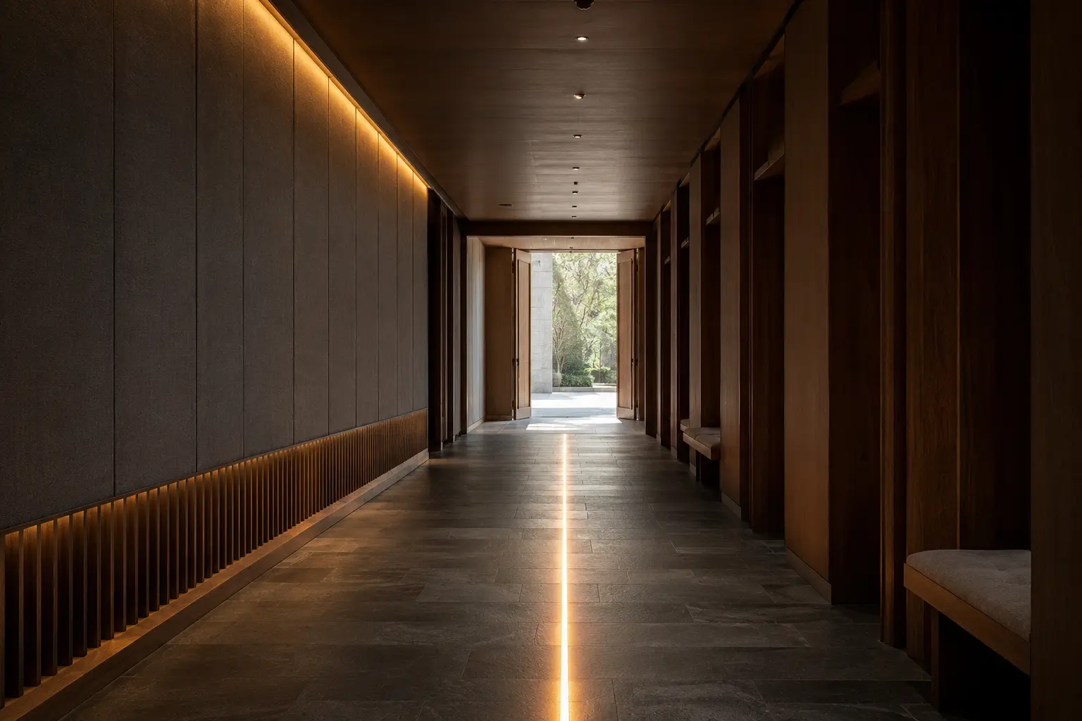 Real conference-center corridor with a warm line leading through open double doors