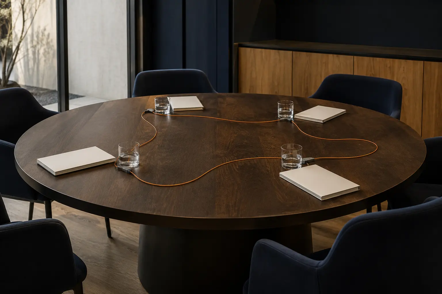 Real round conference table with four blank notebooks and one amber cable joining every place